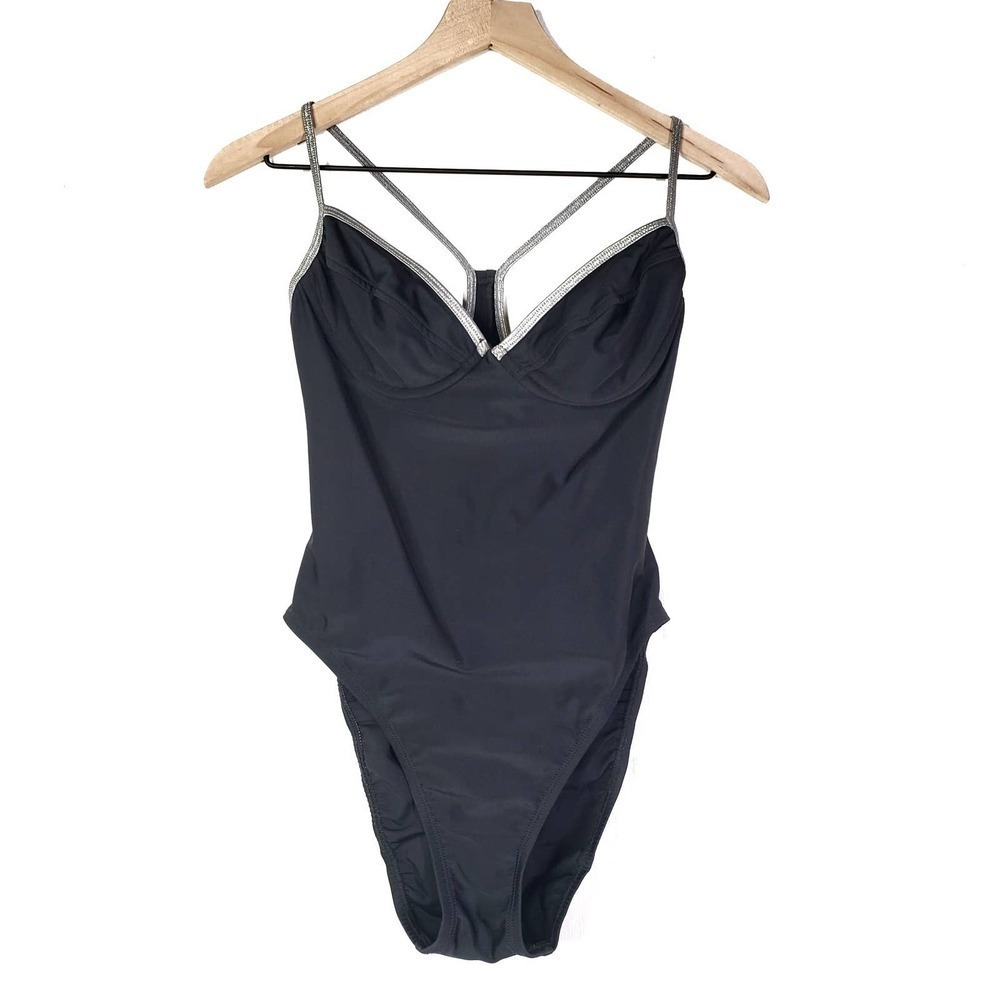Vintage 90s Victoria's Secret One Piece Swimsuit 36B S M Underwire Silver Piping